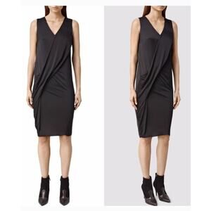 All Saints Annis knee length Dress Black Draped Front Sleeveless V-neck size 6